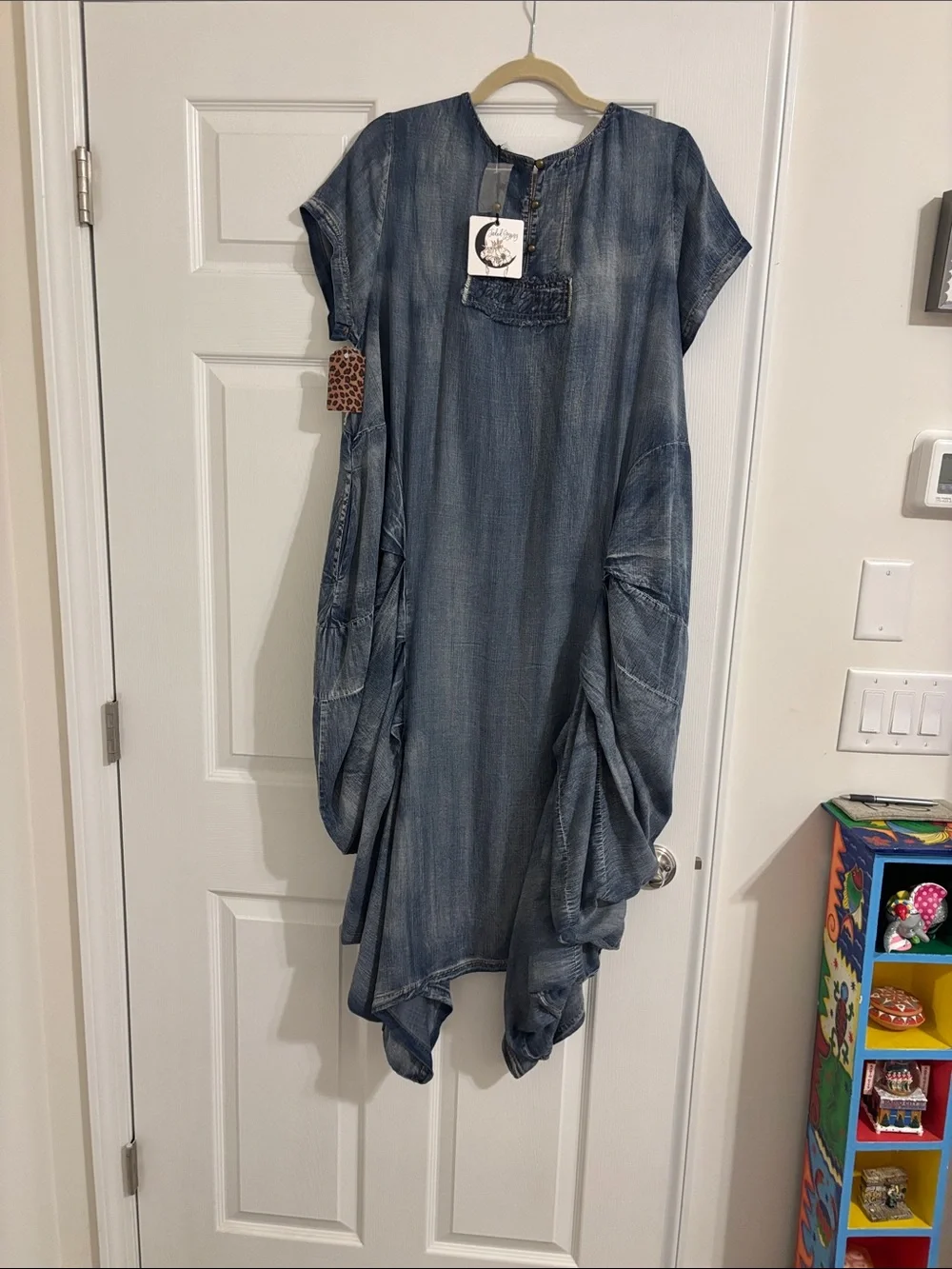 Blue Textured Boho Tunic Dress with Stripe Detail - Picture 6 of 11